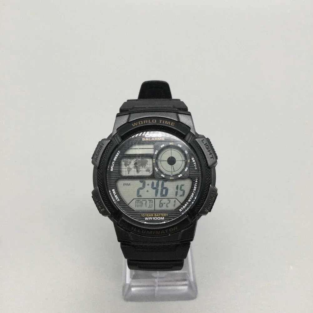 Casio 3198 AE1000W Mens Watch 44mm World Time Digital Black 5 Alarms WR100M